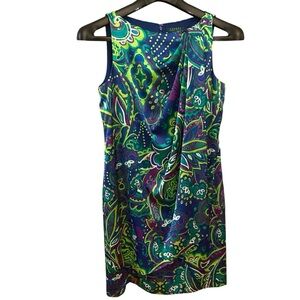 Lauren Ralph Lauren Shift Midi Dress Size 12 Green Blue Paisley Ruched Collar